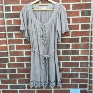 Christin Michaels Dress Large Boho Beachy Crinkle Lace Up Front Gauze Brown